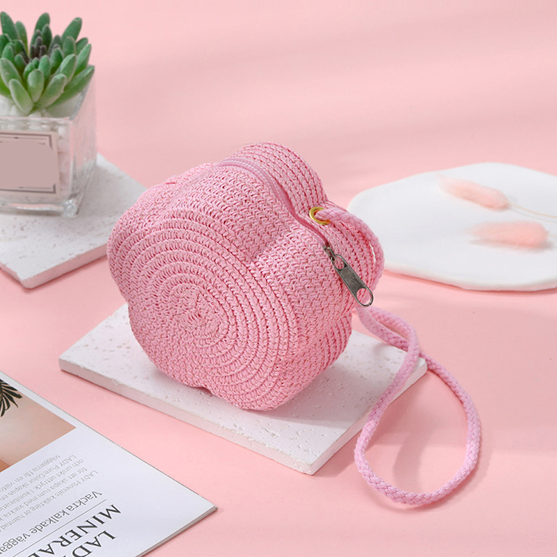 Handgemaakte kinderen meisjes schoudertas bloem stro babytassen messenger bag kinderen sleutels portemonnee schattige prinses mini handtas: GRIJS
