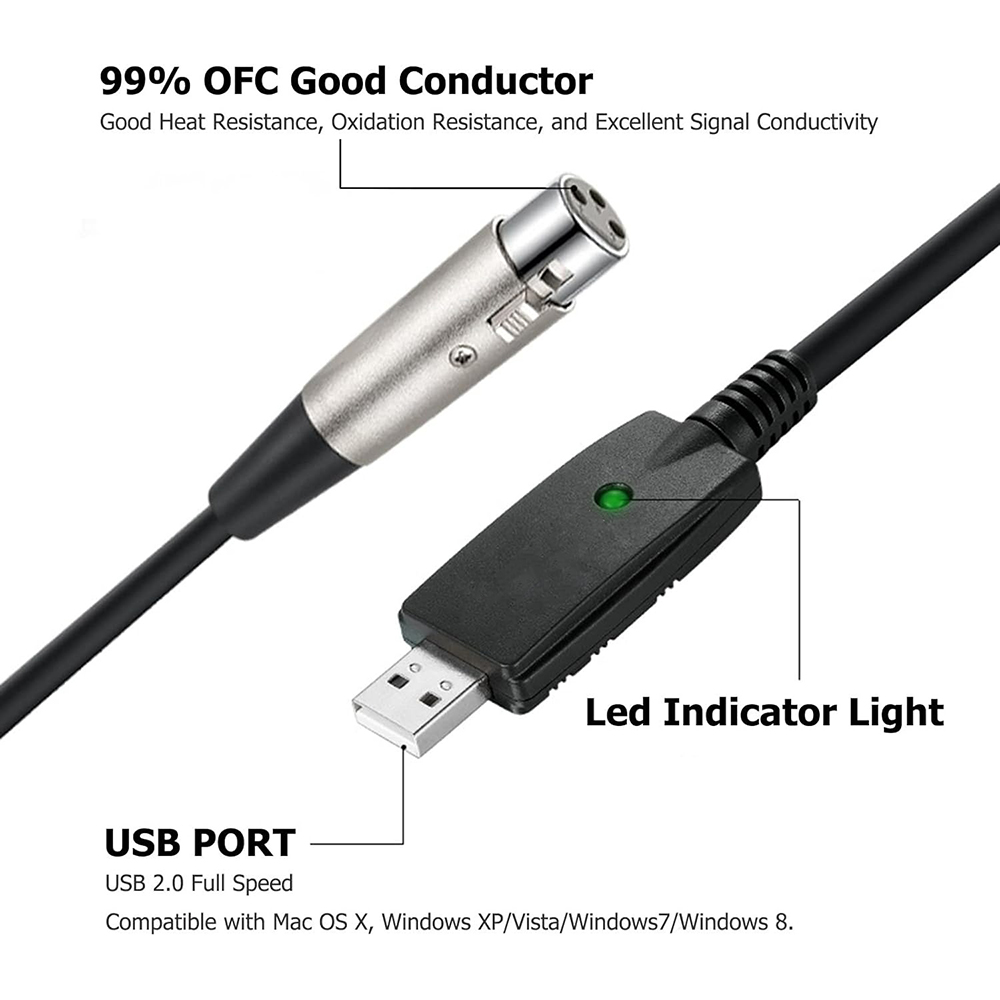 USB Microphone Cable USB Male to XLR Female Mic Link Converter Adapter Studio Audio Cable for Dynamic Microphones or Recording