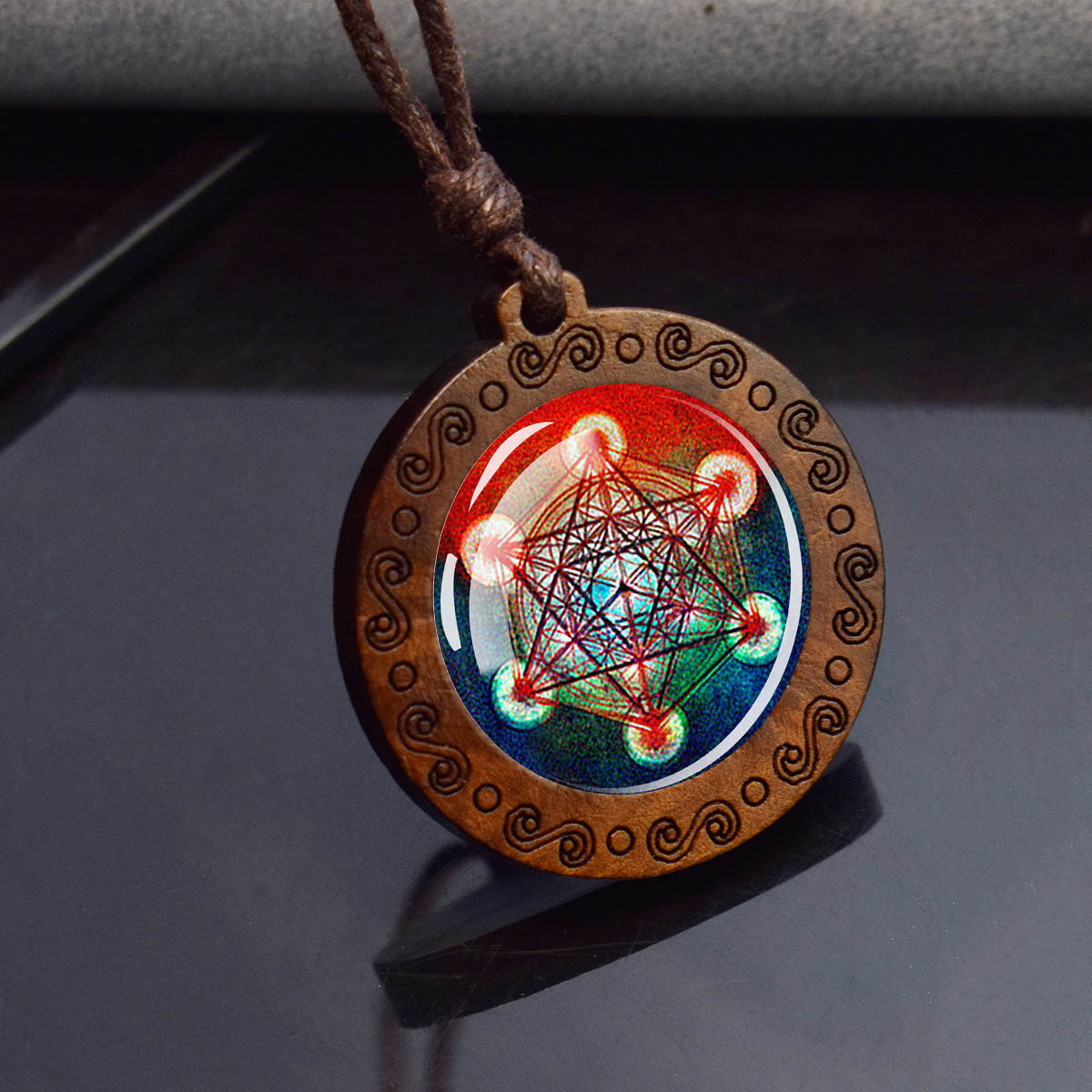 Sri Yantra Mandala Glas Halskette Holz Anhänger buddhistische heilige Geometrie Schmuck spirituelle Yoga: Antikes Kupfer überzogen