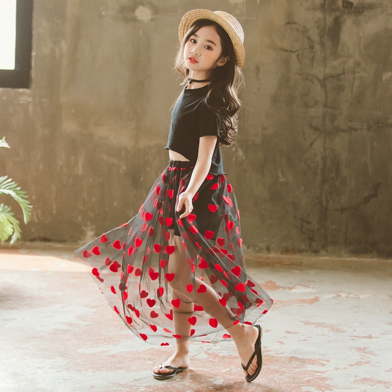 Jupe brodée motif de cœur pour filles | Jupes d'été , Maxi, longues en Tulle, vêtements pour enfants 10-12-14 ans