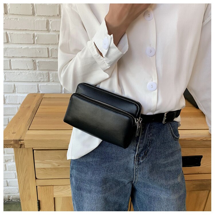 Double Pocket Women PU Waist Bag Female Crossbody Chest Bag Small PU Leather Lady Fanny Pack