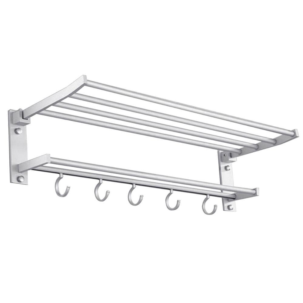 35cm Foldable Wall Mounted Space Aluminum Towel Storage Hanger Shelf Holder Stand Rack with 4pcs Hooks for Home Hotel Bathroom: 58cm