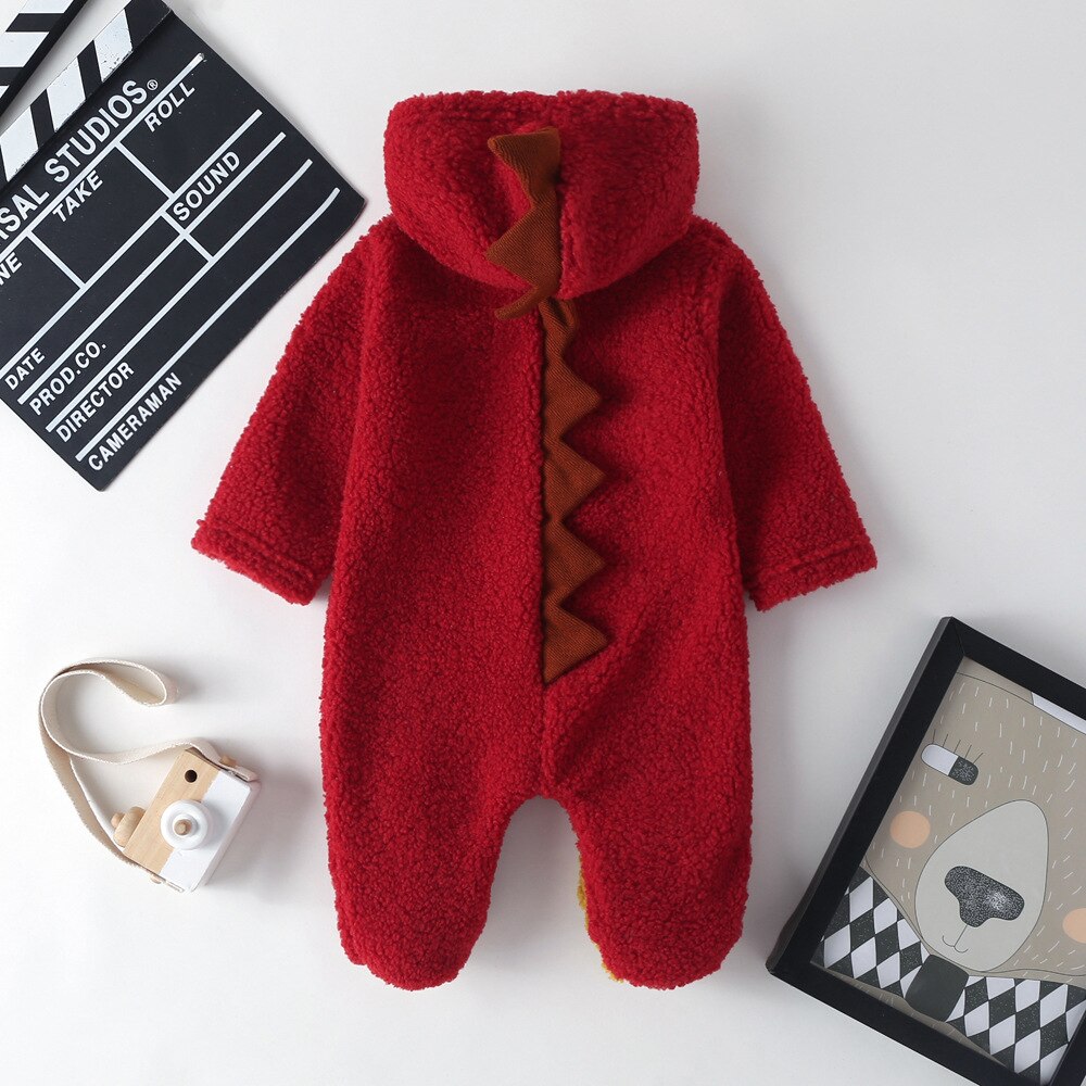 Herfst Winter Pasgeboren Baby Dikke Coral Fleece Footies Dinosaurus Lange Mouwen Hooded Jumpsuit Meisjes Jongens Warme Klim Kleding