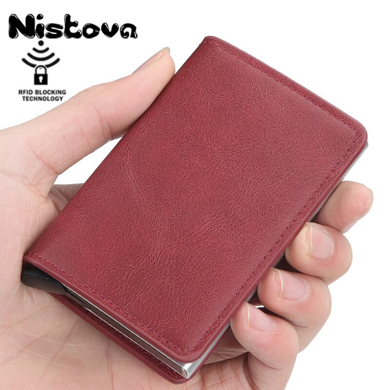 Nistova PU Leather Automatic Pop-up Business Card Card Holder RFID Vintage Aluminium Box Metal Crazy Horse Wallet Steel Wallet