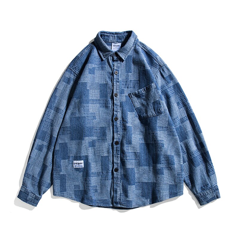 Hip Hop Casual Long Sleeve Plaid Shirt Spring Japanese Streetwear Harajuku Coat Korean Men Clothing: Blue / M