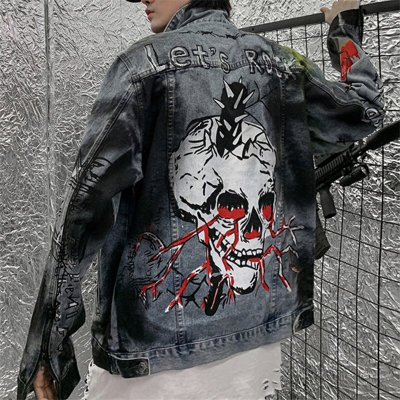 Osobowość moda męska znosić metal głaz punk styl graffiti biodro-hopowe kurtki jeansowe parodia nadrukowana czaszka motocyklowe dżinsowe kurtki