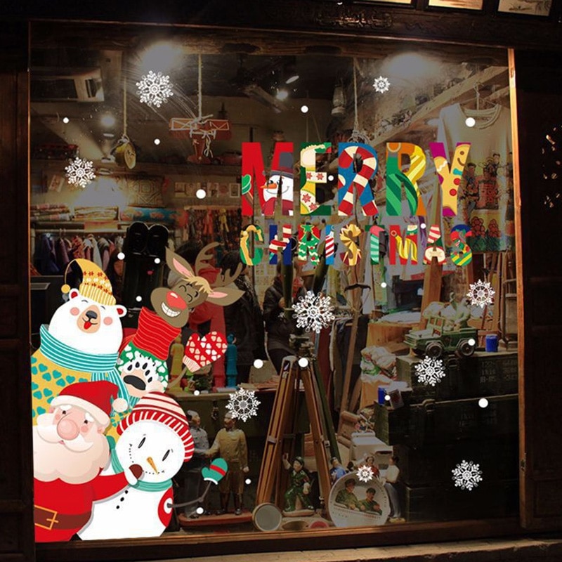 Christmas Cartoon Window Glass Stickers Showcase Removable Santa Clause Snowman Decal Adhesive Year Glass Mural Home Decor