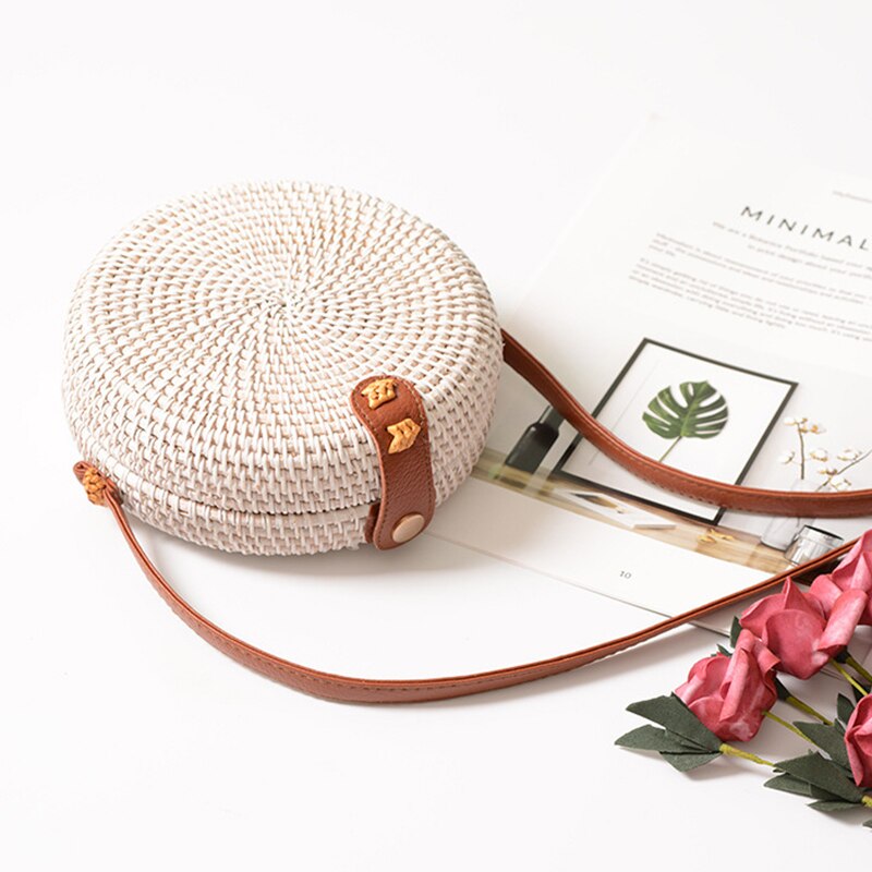 Zwart Wit Ronde Stro Tassen Vrouwen Zomer Rotan Tas Handgemaakte Geweven Strand Cross Body Bag Cirkel Bohemen Handtas Bali doos: A-White
