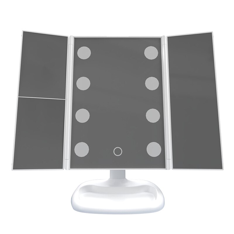 Justerbart led speil sminkespeil stort 8 led lys pressesensor 2 x 3x zoom bærbar tresidig folding: Hvit