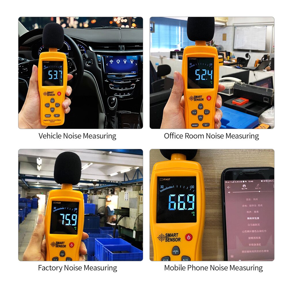 SMART SENSOR AS834+ Digital LCD Sound Level Meter 30-130dB Noise Volume Measuring Instrument Decibel Monitoring Tester