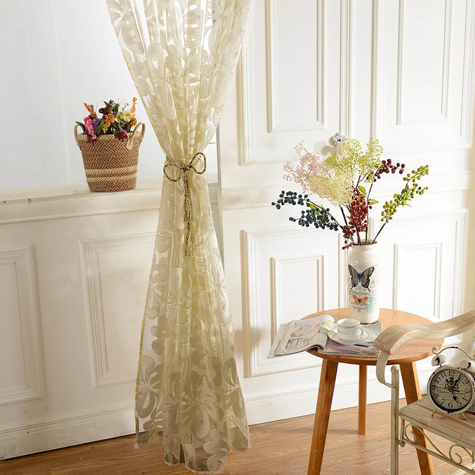 1PC Luxury Embroidered Sheer Voile Curtains Window Drapes Cortina for Living Room Door Gold Lace Curtains Tulle Windows Screens
