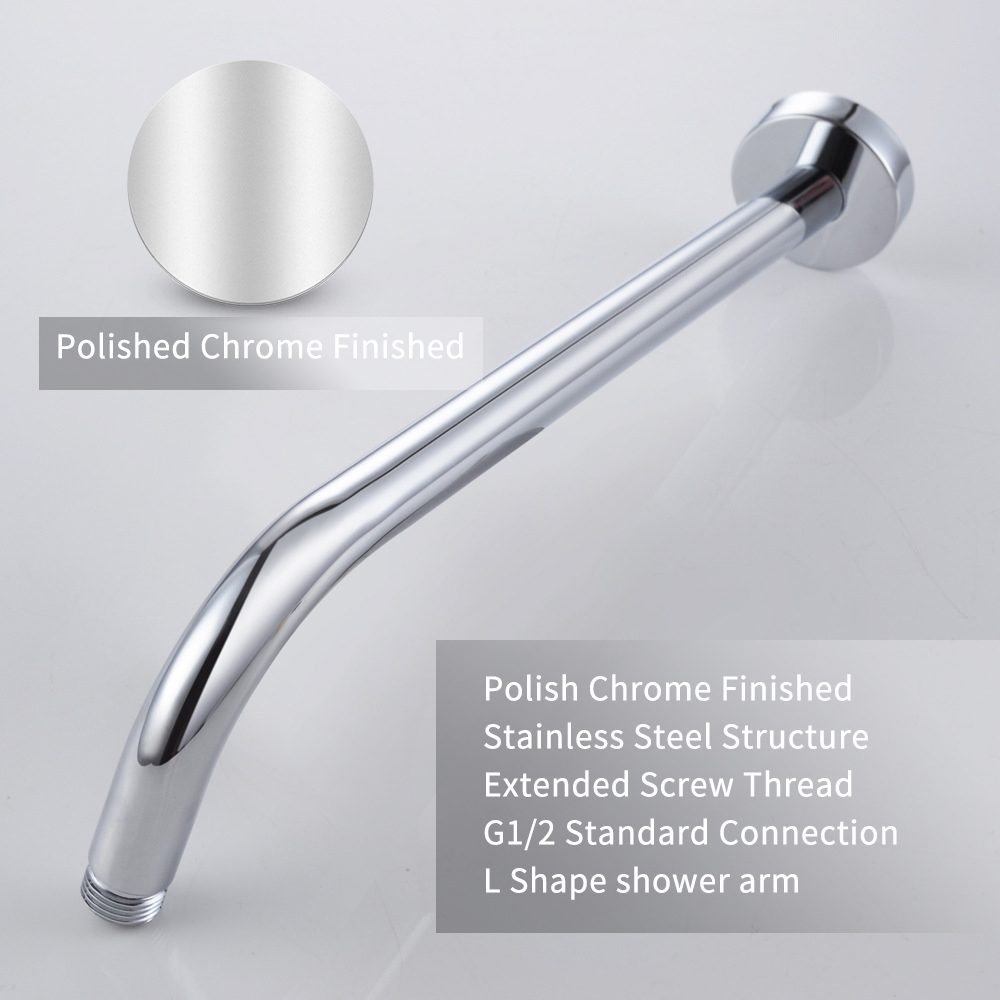 L-Shaped Shower Arm Extension With Flange 16 Inch Length Stainless Steel in Polished Chrome Replacement for Rainfall Shower Head