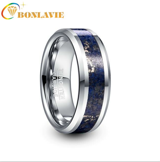 Bonlavie 8mm bred wolframcarbid ring bryllup forlovelse stål farve indlagt lapis lazuli wolfram stål mænds ring  t230r