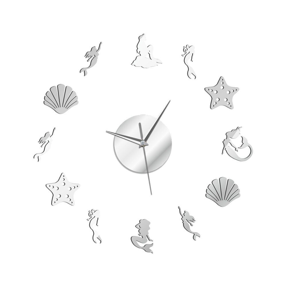 Fairytale Mermaid DIY Big Wall Clock Mermaid Watch Under The Sea Shell Starfish Wall Clock 3D Mirror Effect Wall Sticker: Silver / 27 inch