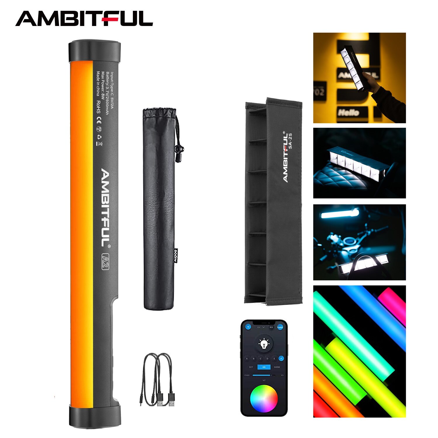 AMBITFUL A2 RGB 2500-8500K RGB LED Video Stock Rohr Licht + Bienenwabe Netz Gebaut-in APP Lithium-Batterie Magnetische Funktion: Ursprünglich Titel