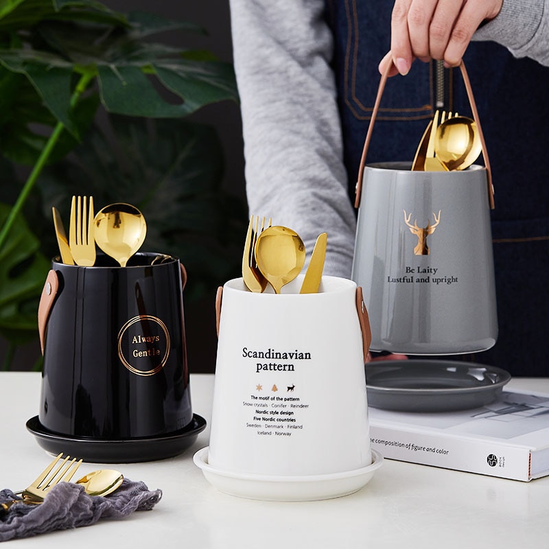 Ceramic Kitchen Cutlery Storage Tube with Drainer and Handle Gadget Tools Organizer Box Accessories Utensil Conatiner Holder Jar