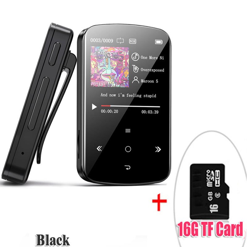 Lettore mp3 bluetooth con Touch Screen, lettore musicale portatile con contapassi, Radio FM, bluetooth stereo mini versione: BlackWith16GBTFcard