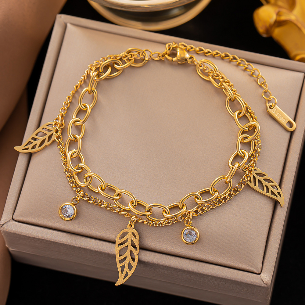 Acciaio inossidabile 316L New Fashion Fine Jewelry 4 stili 2-Layer zircone Butterfly Leafs Dolphin Charm Chain bracciali per le donne: VERMEIL