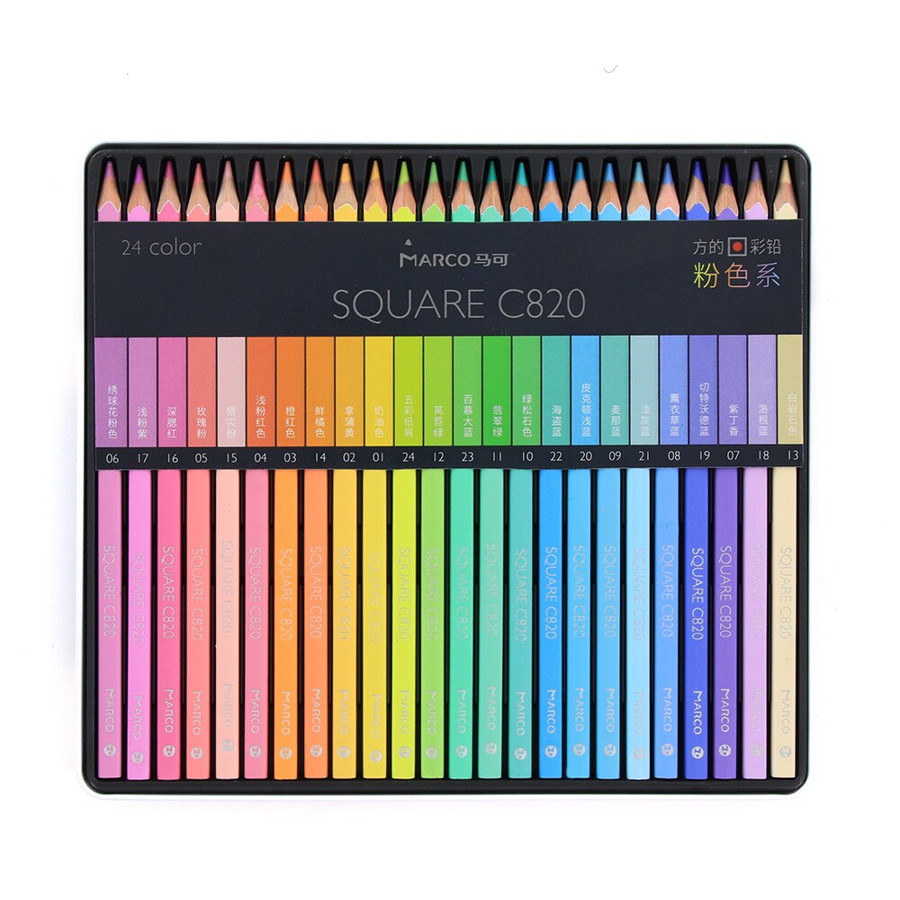 Marco 12/24/48 Colors Pastel Colored Pencils Oil Watercolor Drawing Pencil Set Macaron SQUARE Colored Pencils: 24 Pastel Colors
