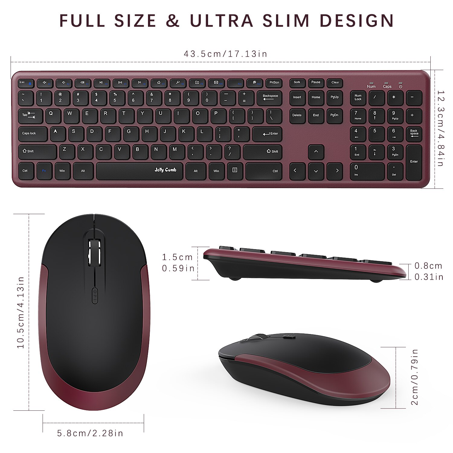 Jelly Comb Wireless Keyboard and Mouse Combo 2.4GHz Ultra Thin Mouse Full Size Keyboard with Number Pad for Computer PC Notebook