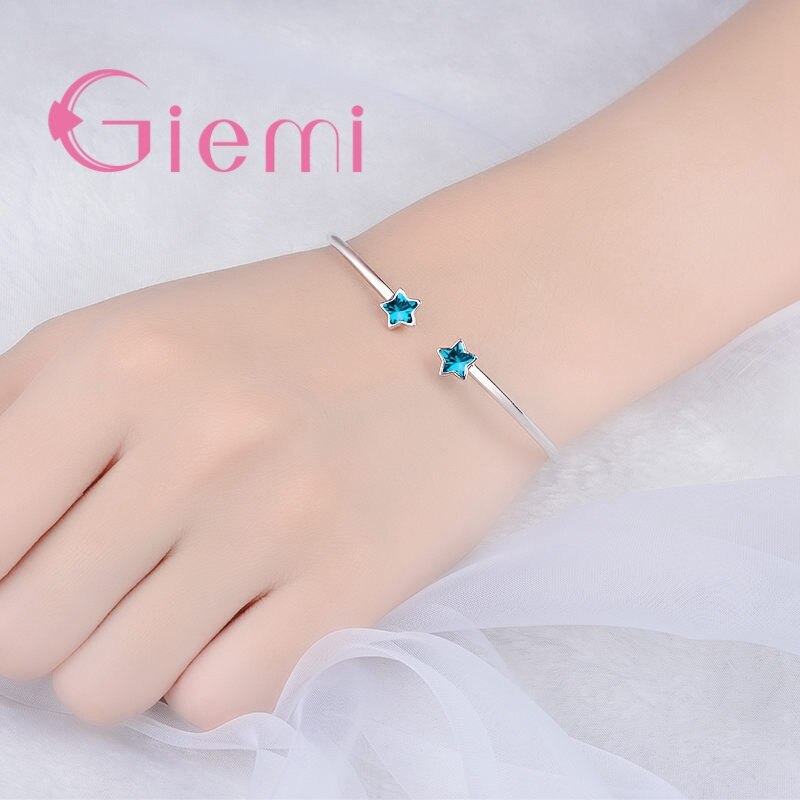 Pulsera abierta de Plata de Ley 925 para mujer, Simple, dos lindos, estrella azul, joyería de San Valentín, de amor