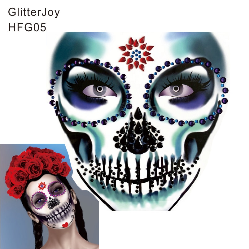 HFG05 1Pc the Day of the Dead Sugar Skull Inspired Face Jewel Rhinestone Sticker as Dia de Muertos Party Body Art