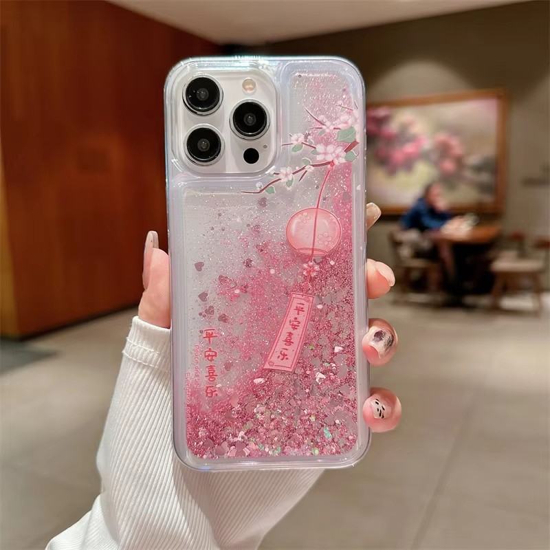 Pink Peach Blossom Quicksand Case for iphone 16 15 14 13 Pro Max 12 Love Hearts Sparkles Liquid Cover Up Down Flowers Funda Capa: for iphone13 Pro(6.1") / Blue