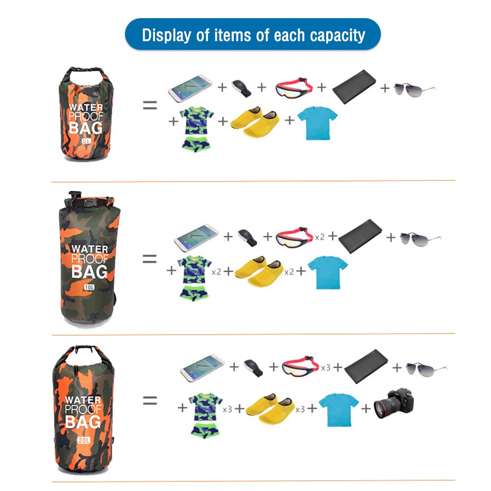 Large Capacity Outdoor Waterproof Dry Pack 5/10/20L Swimming Kayaking River Trekking Float Sailing Backpack Orange Camouflage