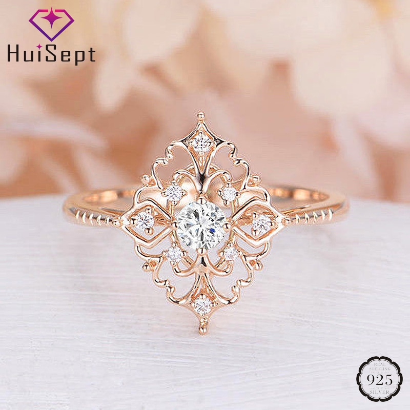 HuiSept Elegante Frauen Ring 925 Silber Schmuck Blume bilden Zirkon Edelstein Rose Gold Ornamente Ringe für Hochzeit Party