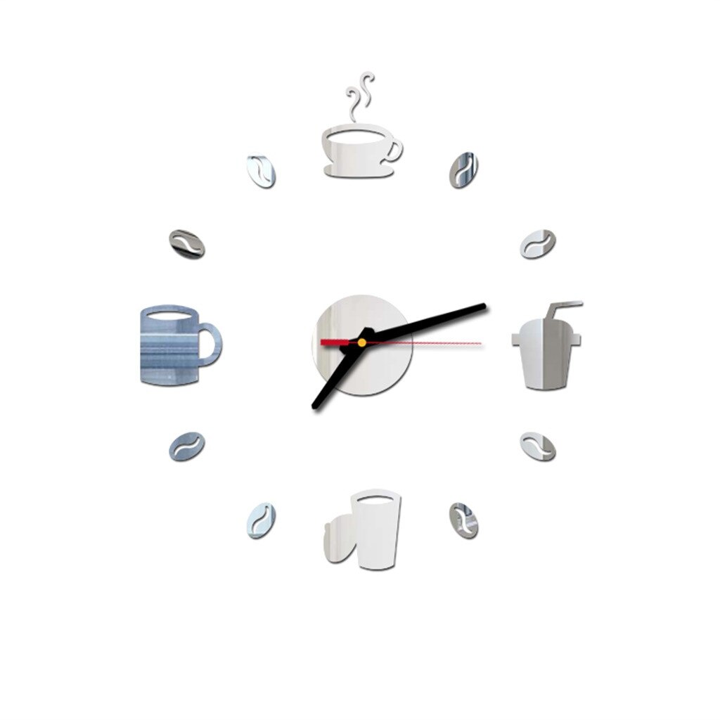 DIY Große Wanduhr Rahmenlose Riesen Uhren Spiegel Aufkleber Moderne Cafe Kaffee Milch Trinkbecher Zauberstab Dekor Für Küche: Silber