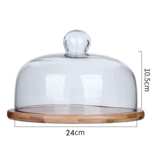Plateau à gâteaux en bois avec couvercle en verre, plateau à Dessert, à pain, à collation, pour la conservation de la fraîcheur, couvercle Anti-cendres, plateau de stockage des aliments ménagers,: 24cm-F