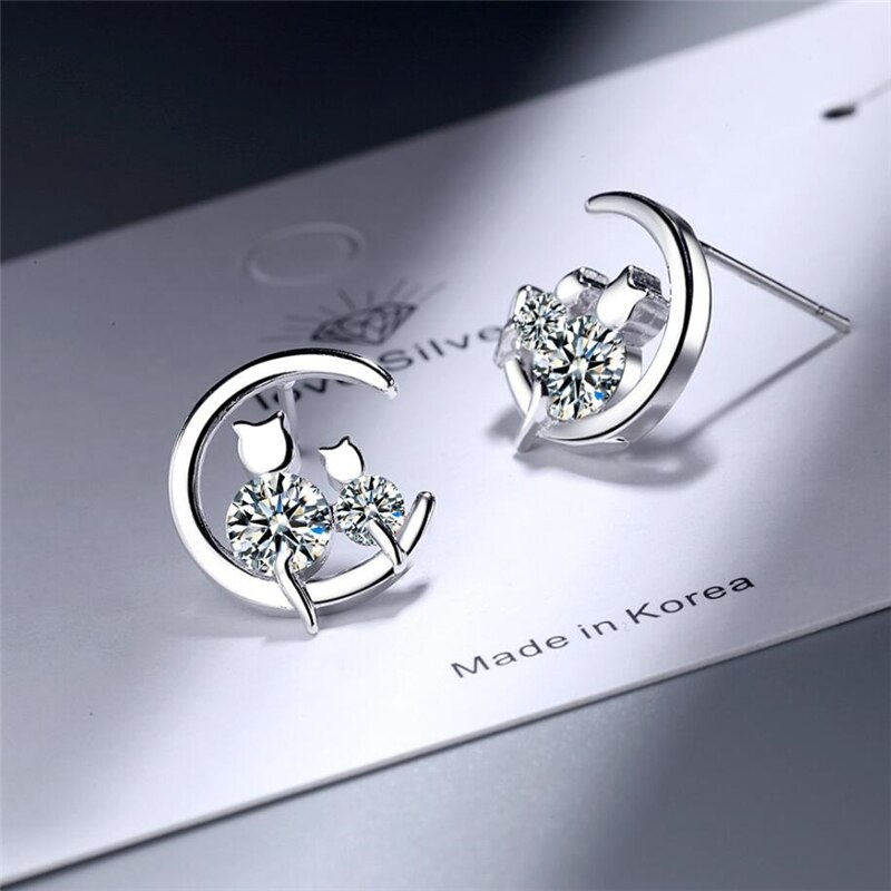 Sole Memory semicírcle Geometry Zircon Cat Sweet Cute 925 plata esterlina femenina pendientes SEA600