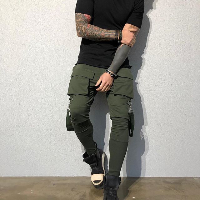 Fitness vår och höst sport casual hiphop byxor fram och bak tredimensionella herrbyxor med flera fickor