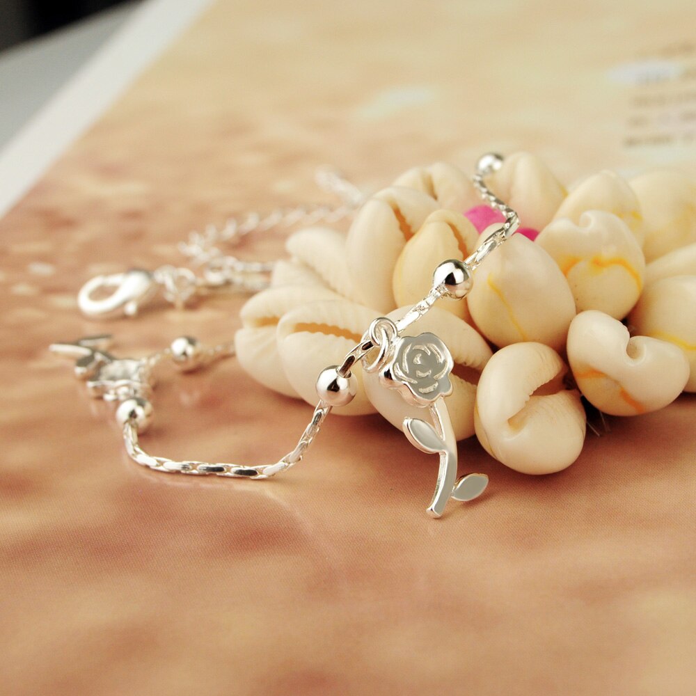 Einfache silber Rose anhänger fußkettchen 925 Sterling silber knöchel schmuck kühlen sandalen zubehör Original silber kette nicht verblassen