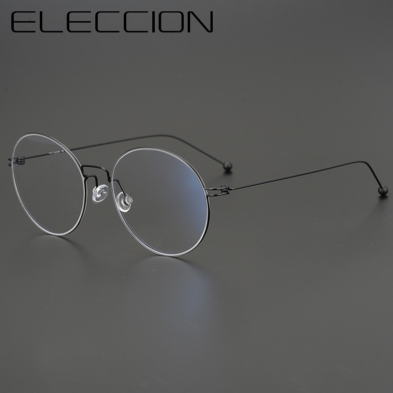 Óculos redondo vintage, armação de titânio puro para miopia, armação de óculos para prescrição óptica masculino, novo óculos sem parafusos, coreia, 2021: C1. Black Frame
