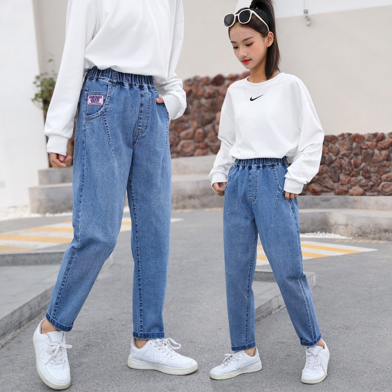 Lente Peuter Meisje Jeans Broek Katoen Elastische Taille Denim Broek Voor Tiener School Meisjes Effen Kleur Kinderen Kleding