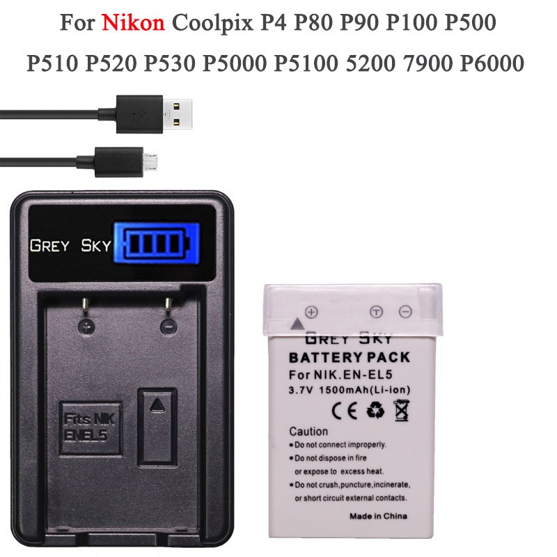 3.7v 1500 mah en -el5 en el5 enel 5 batteri + lcd usb-oplader til nikon coolpix  p530 p520 p510 p100 p500 p5100 p5000 p6000: Pakke 1