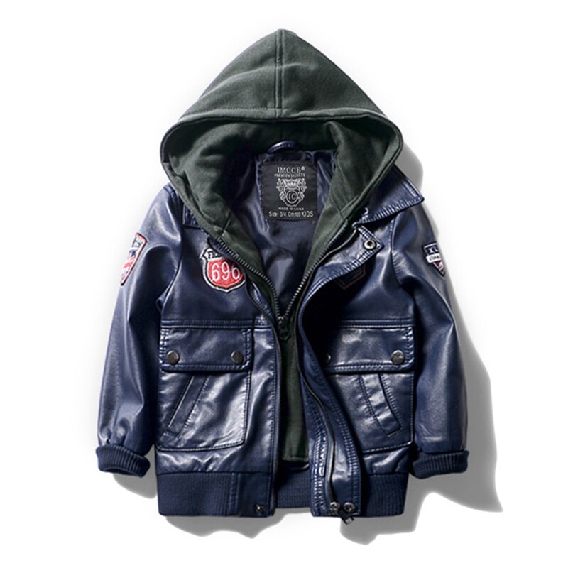 Leder Jacken für Jugendliche Winter freundlicher Jungen Mit Kapuze Mantel PU Faux Leder Jacke mit Reißverschluss freundlicher Jungen Oberbekleidung 3-14 jahre: Marine Blau / 5