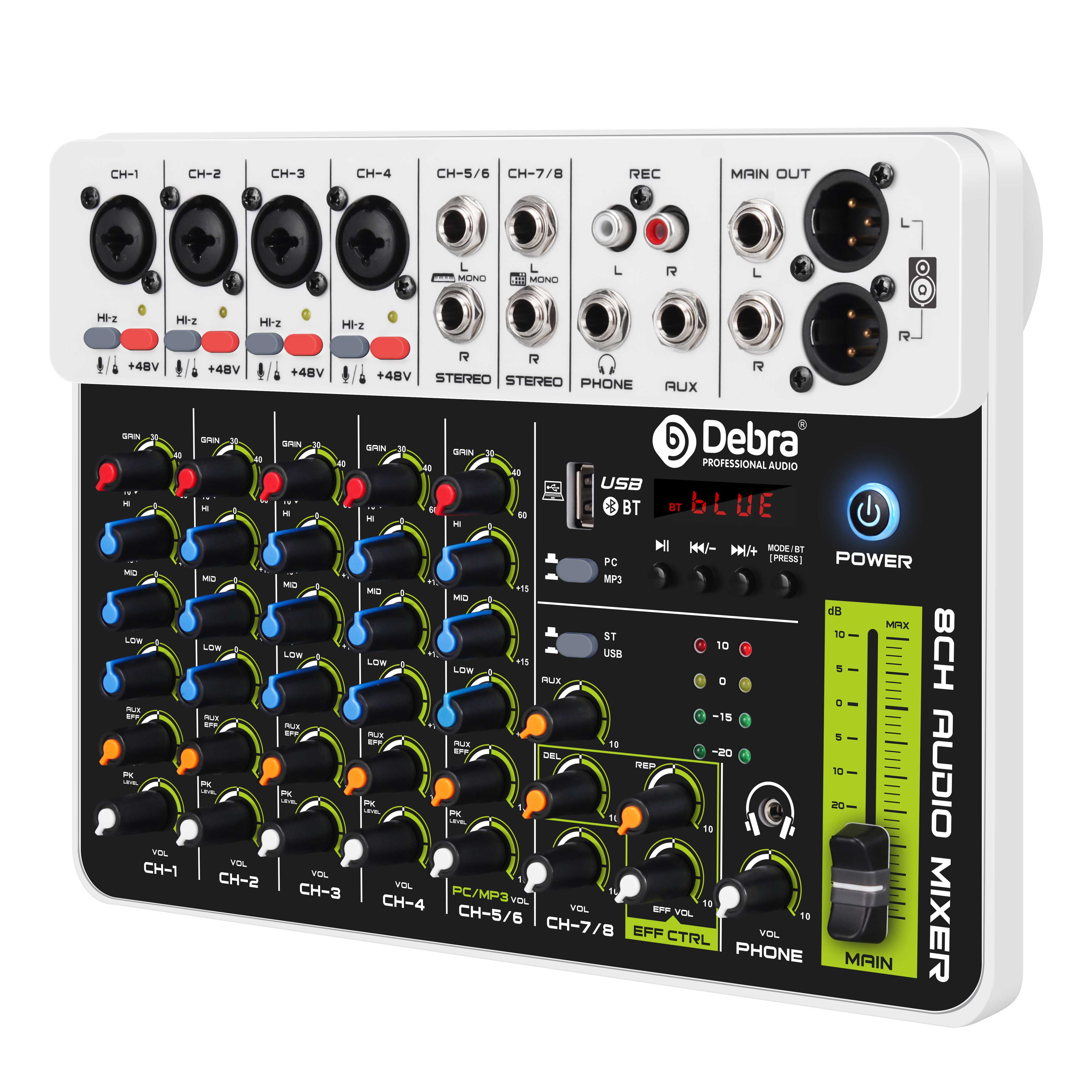 Mezclador de Audio Debra V8 de 8 canales con Bluetooth USB 48V efecto repetido de retardo de energía fantasma para consola mezcladora de sonido grabación de PC