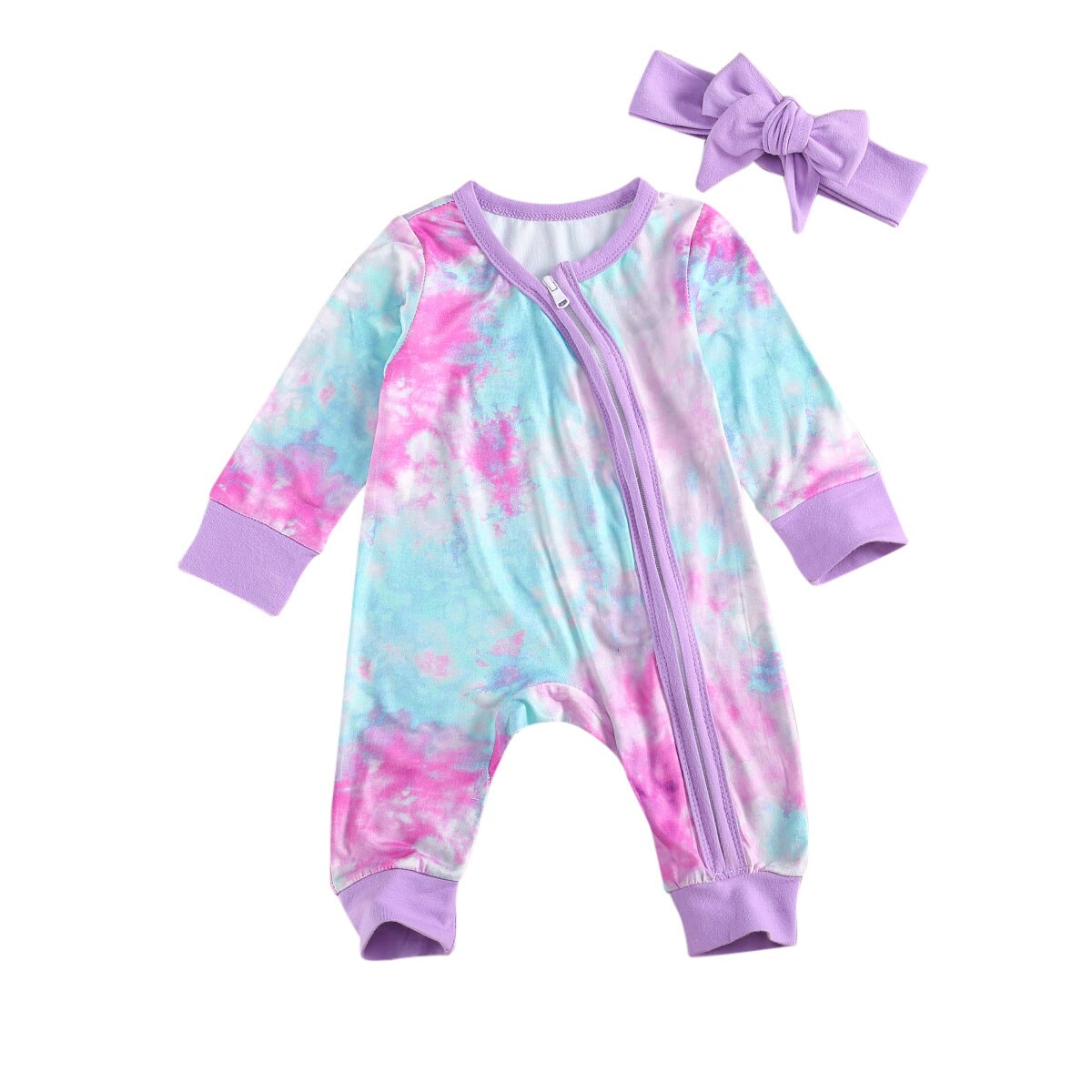 Pasgeboren Meisjes Jongens Romper, kinderen Tie-Geverfd Diagonale Rits Lange Mouw En Lange Broek Jumpsuit Met Strik Hoofdband: b / 3M