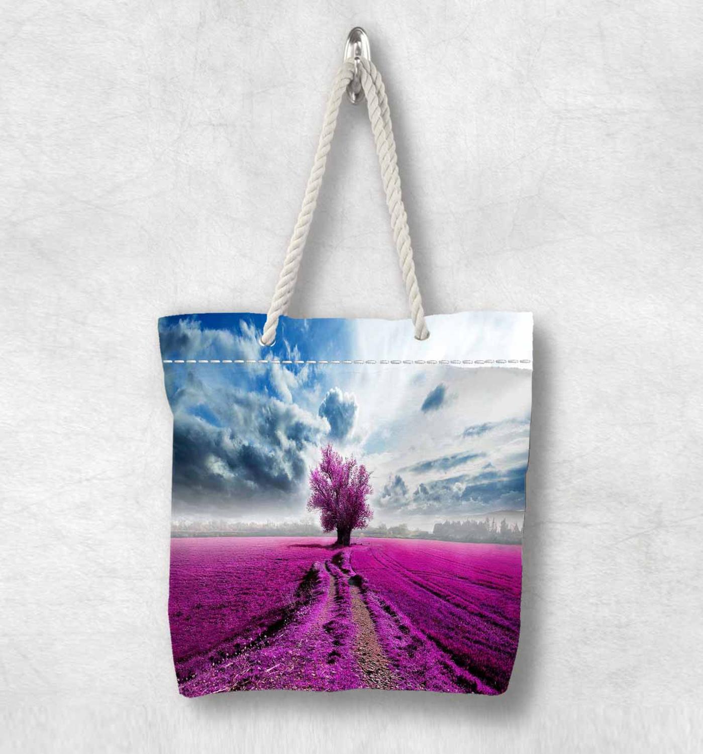 Anders Paarse Lavendel Farm Bloemen Bloemen Mode Wit Touw Handvat Canvas Tas Katoenen Canvas Ritssluiting Tote Bag Schoudertas