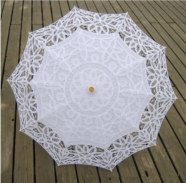 Katoen Bridal Parasol Handgemaakte Battenburg Kant Borduurwerk Witte Parasol Elegante Bruiloft Foto Props