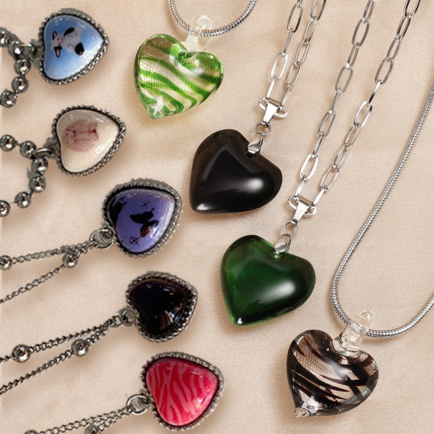 Grün Zebra Streifen Glas Herz Anhänger Titan Stahl Kette Halsketten für Frauen Schlüsselbein Halskette Kristall Emaille Liebe Schmuck