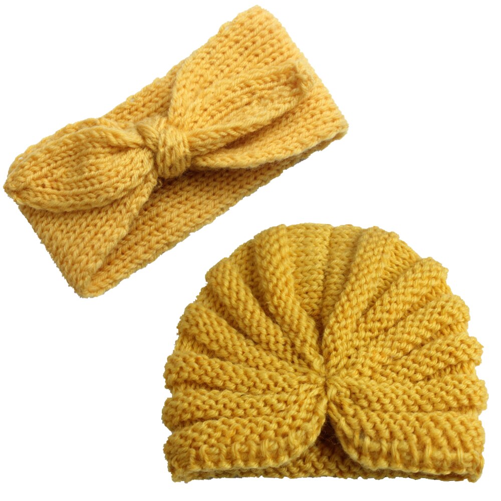 Baby Jongen Meisje Winter Warm Gebreide Boog knoop Hoofdband Leuke Beanie Tulband Hoed Kids Peuter Cap 0-5T rood Zwart Roze: Light Yellow