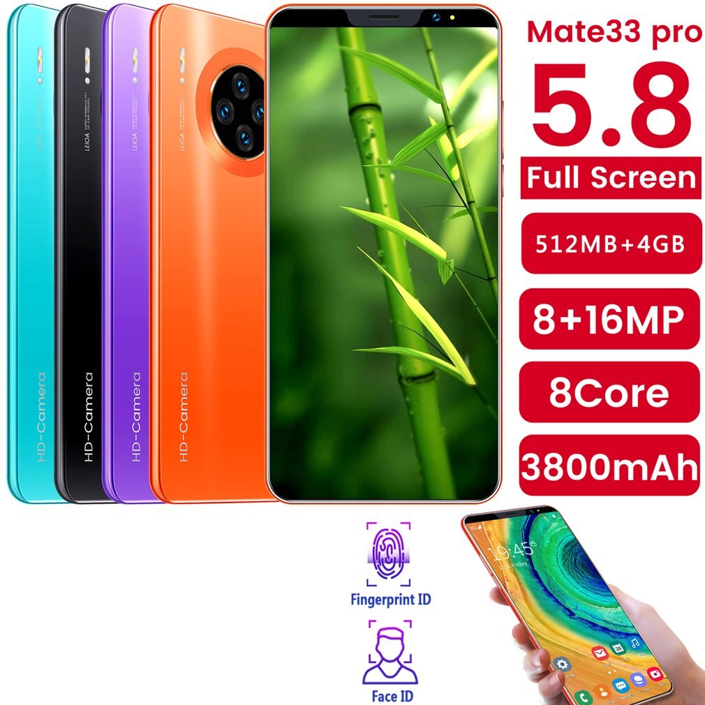 Mate33 Pro Smartphone con 512M + 4GGB di Memoria di Grandi Dimensioni Dello Schermo Da 5.8 Pollici Supporto Viso/Impronte Digitali Unlock Dual SIM telefoni cellulari e Smartphone