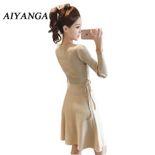 Knitting Long Sleeve Dress Autumn Women's clothing Slim Lace up Elasticity knitted Sweater A-line Dresses