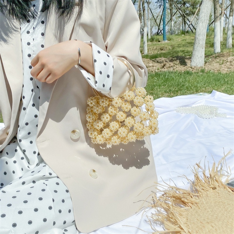 Handwoven Shoulder Bucket Bag - Vintage Acrylic Pearl & Plastic Beads - Evening Party Clutch