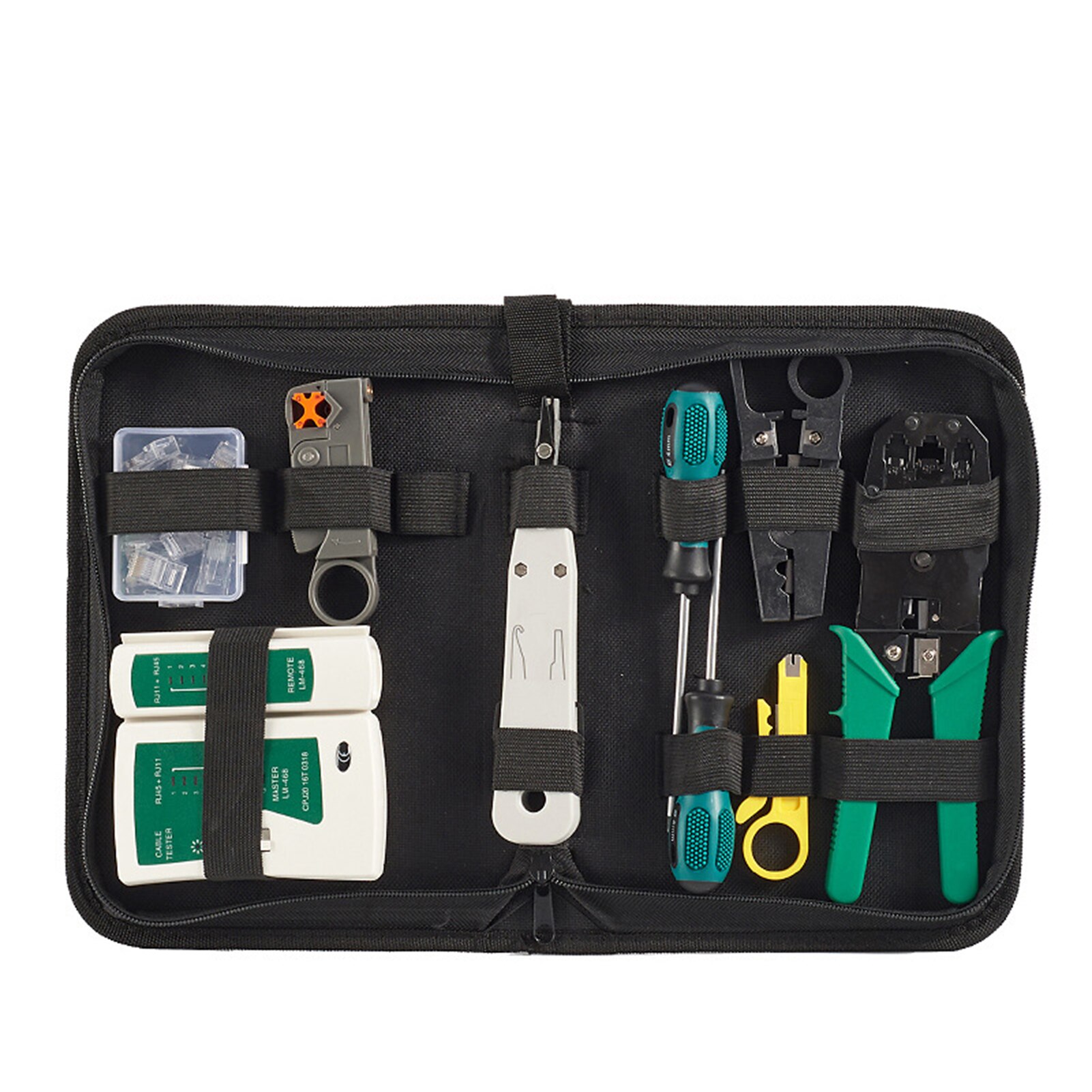 14PCS/Kit Network Cable Tester Network Wire Strippers &amp; Cable Tester &amp; Stripping Wire Cutter &amp; Modular Plug with Storage Pouch: 12PCS