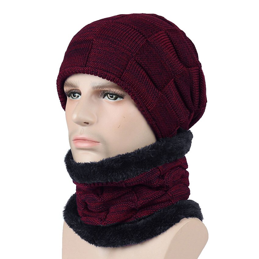 Vinter mænd hue og tørklæde sæt til kvinder mandlige ring tørklæder cap strik beanies slouchy hat blød stretch kabel skullies varm jakkesæt: Vin hue tørklæde sæt