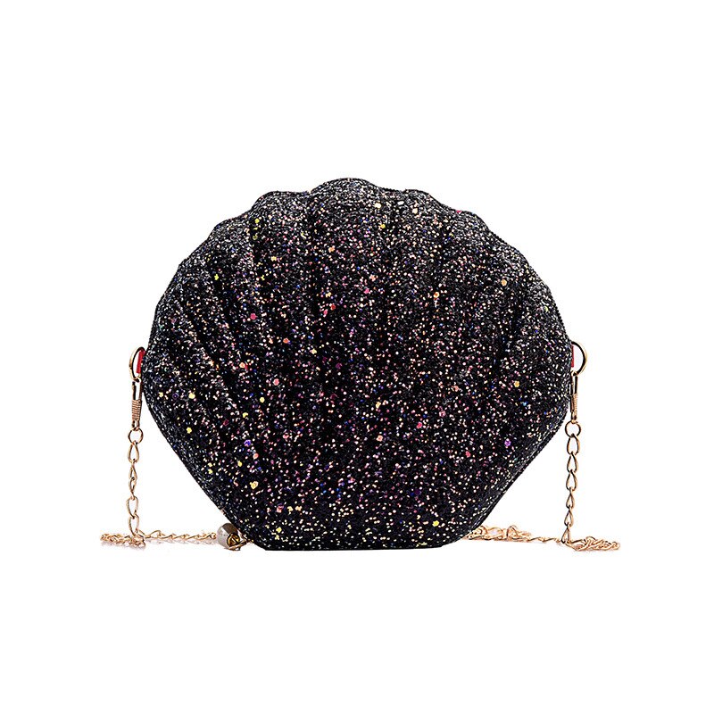 Chain Sequined Shoulder Bag for Women Pu Leather Handbags Cute Shell Shape Purse Mini Bag Bolsa Feminina Messenger Bag: Black